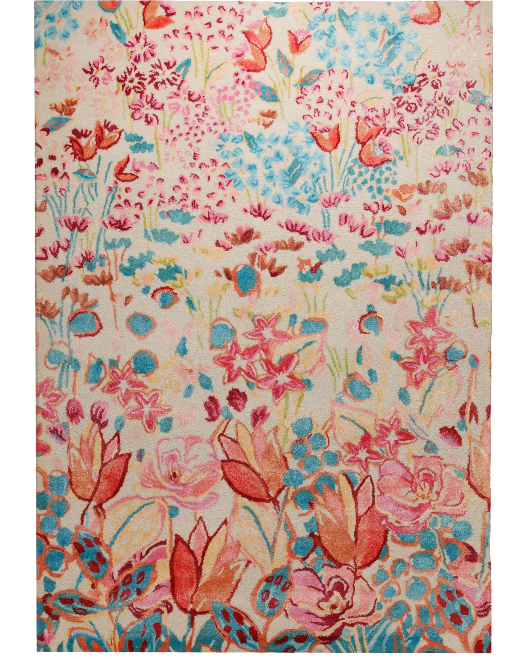Blütenwiese in Azur - Handtuft Wolle 160 x 230 cm