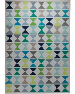 Dreiecke in Grün und Petrol - Handtuft auf Weißgrau 160 x 230 cm