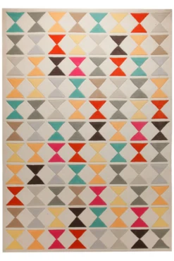 Dreiecke in Türkis und Orange - Handtuft auf Wollweiß 160 x 230 cm