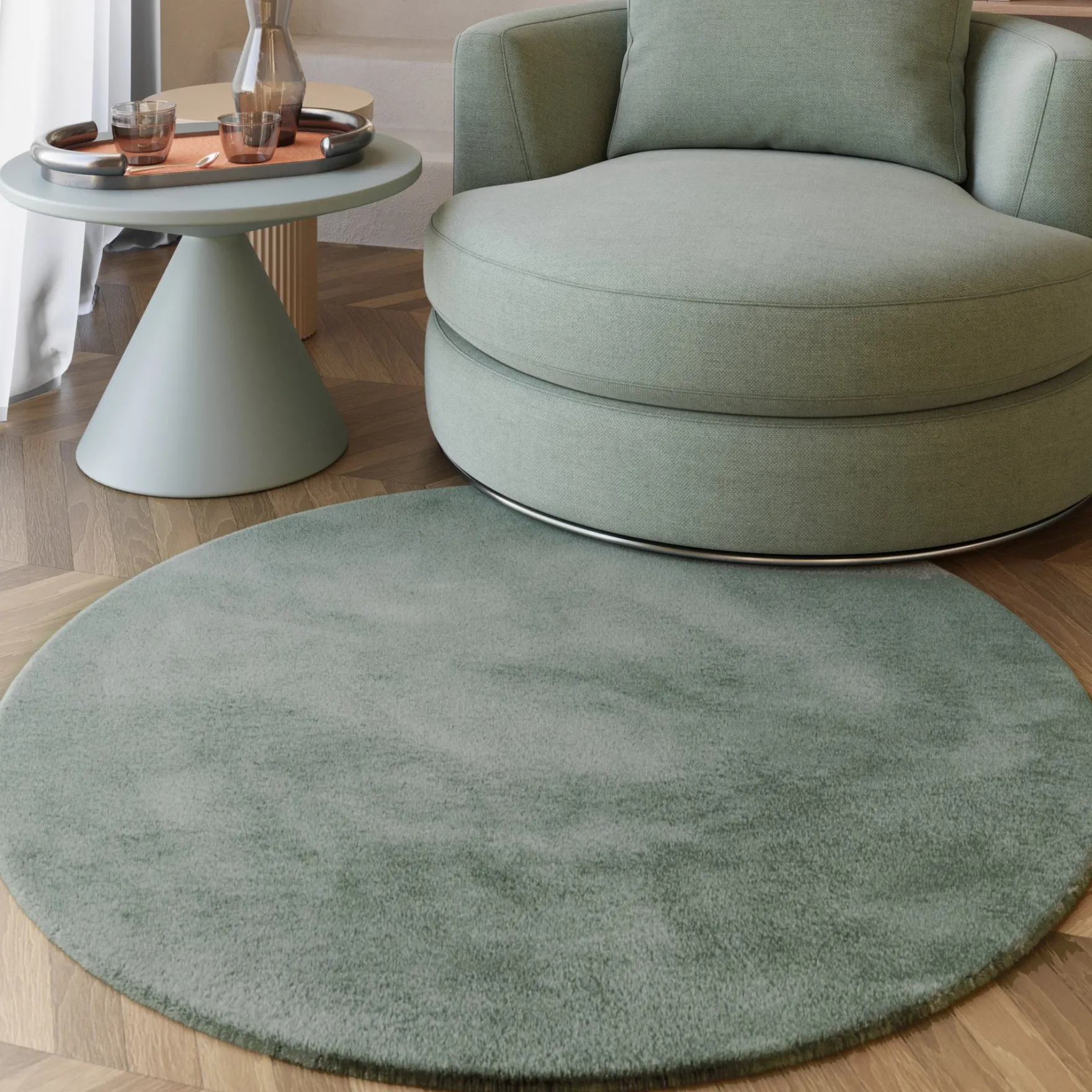 Esprit Teppich Rund Salbei Grün und sehr flauschig Hochflor "Alice"