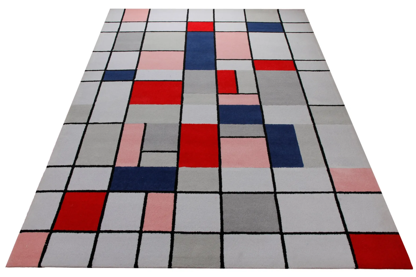 Farbraster in Rot und Grau - Handtuft Wolle 160 x 230 cm