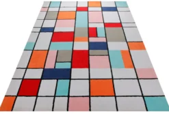 Farbraster in Rot und Türkis - Handtuft mit Gitterlinie 160 x 230 cm