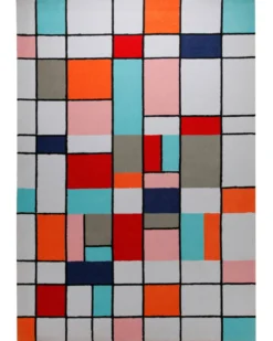 Farbraster in Rot und Türkis - Handtuft mit Gitterlinie 160 x 230 cm