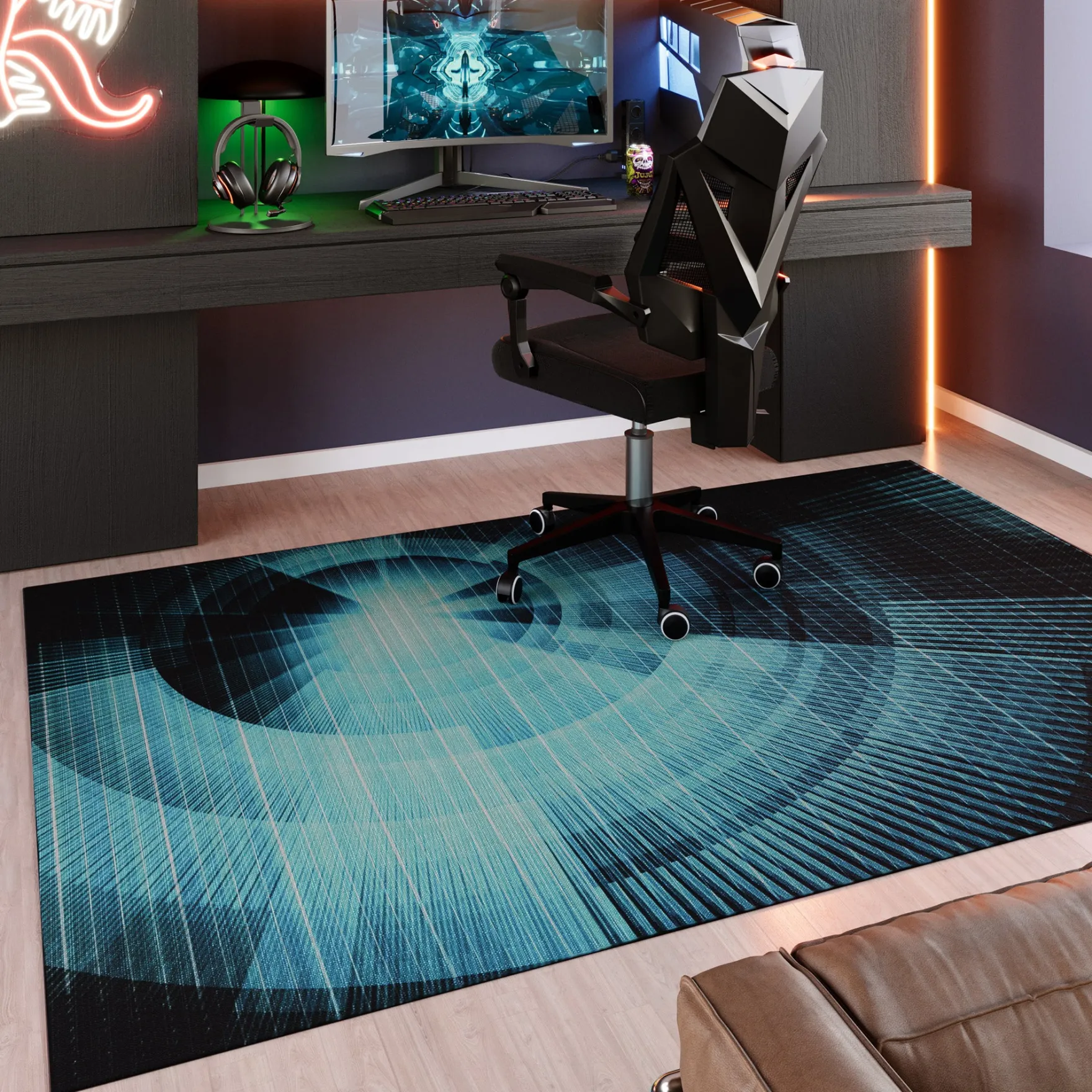 Gewebter Gamerteppich bedruckt Blau Schwarz "Cyber Swirl" WECONhome