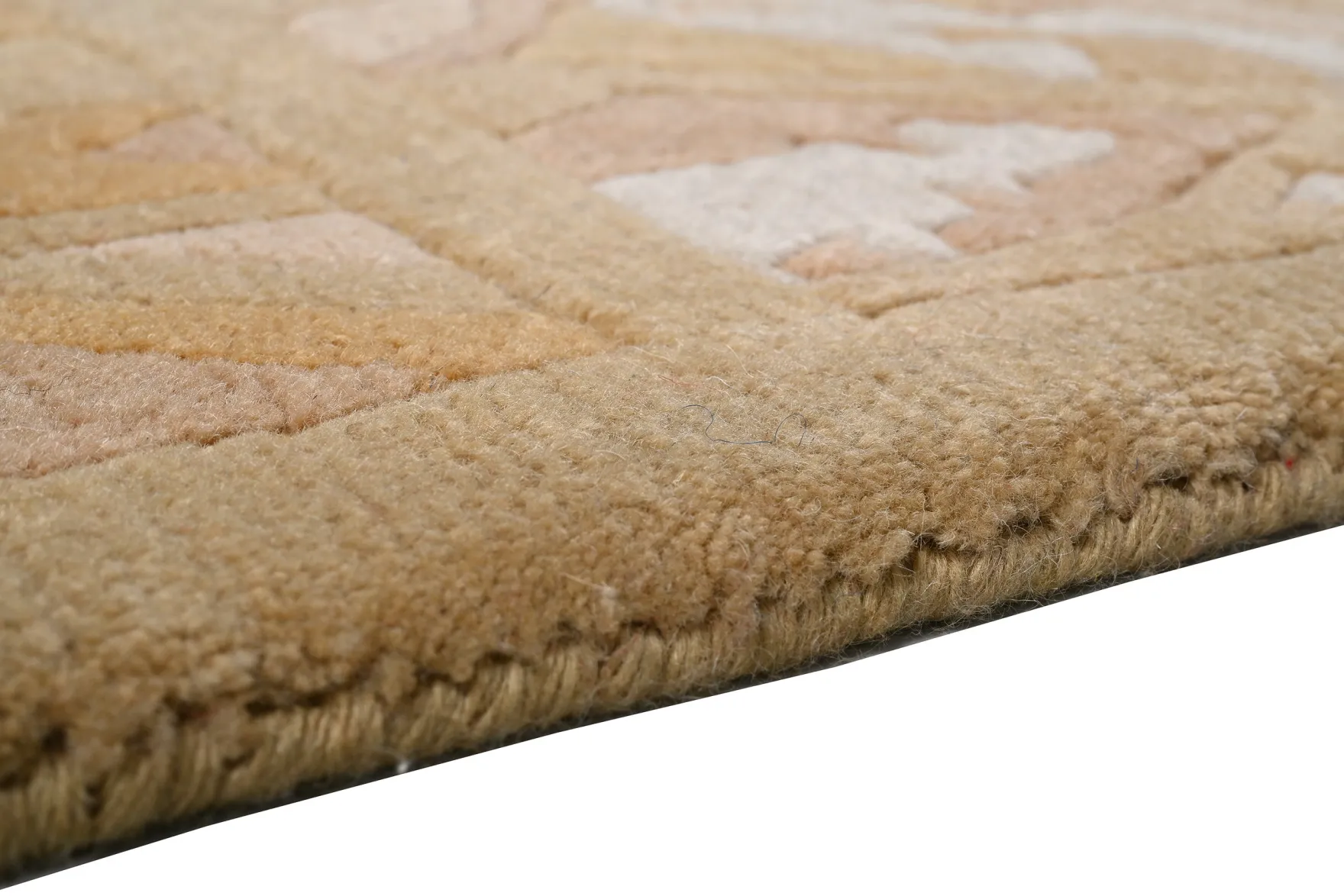 Handgeknüpfter Tibeter Teppich in gold gelb mit Retro Bordüre – Neuwertig