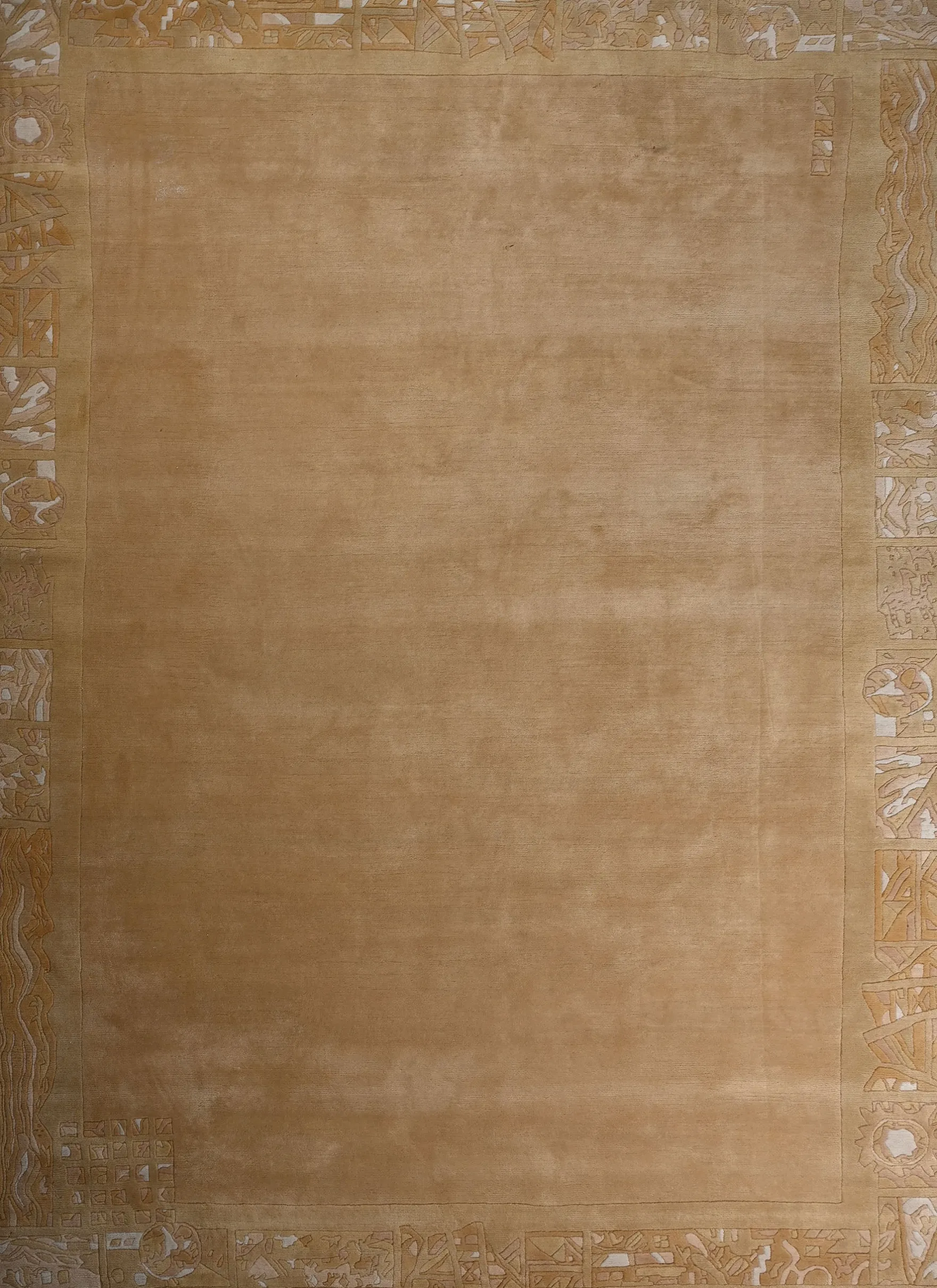 Handgeknüpfter Tibeter Teppich in gold gelb mit Retro Bordüre – Neuwertig