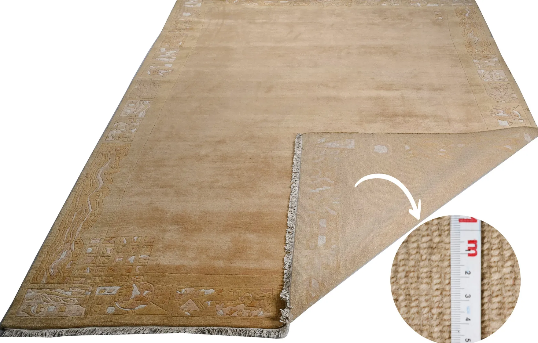 Handgeknüpfter Tibeter Teppich in gold gelb mit Retro Bordüre – Neuwertig