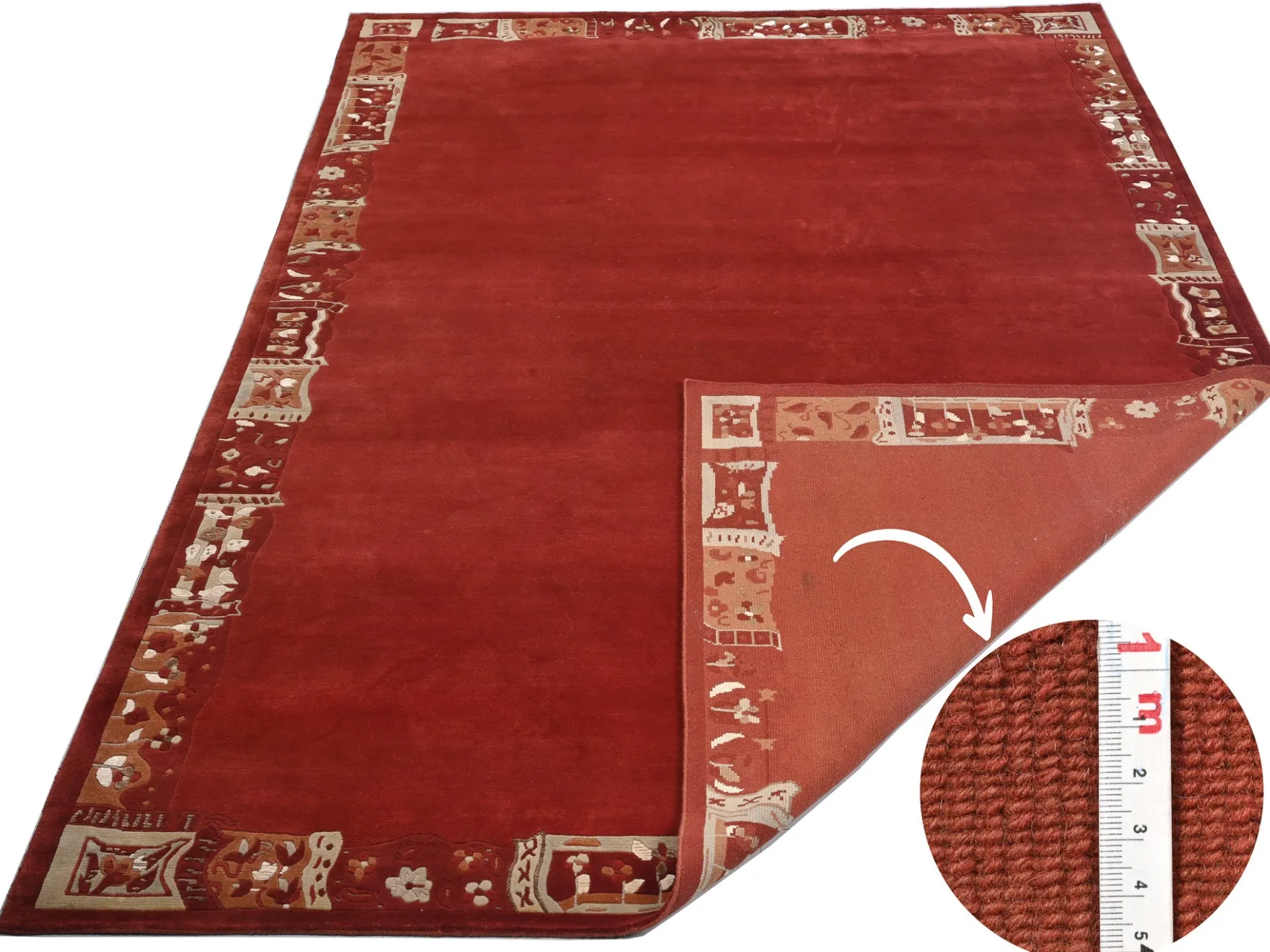 Handgeknüpfter Tibeter Teppich in rot mit Retro Bordüre – Neuwertig