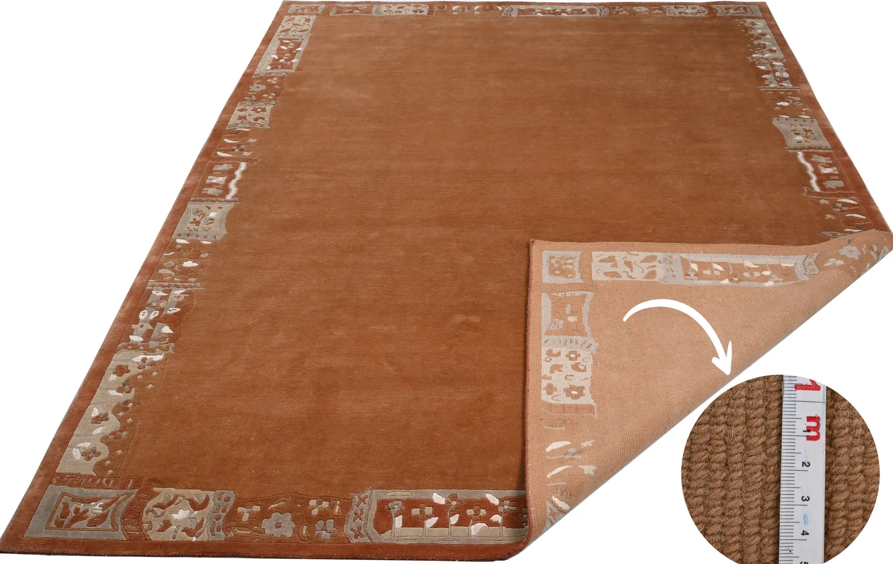 Handgeknüpfter Tibeter Teppich in rot terra mit Retro Bordüre – Neuwertig