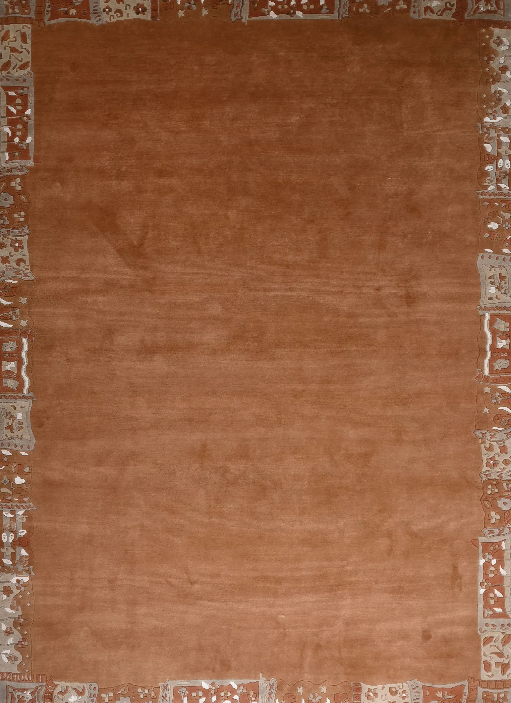 Handgeknüpfter Tibeter Teppich in rot terra mit Retro Bordüre – Neuwertig