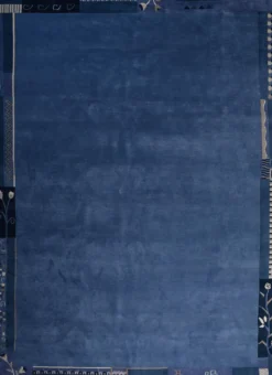 Handgeknüpfter tibetischer Teppich in blau grau mit Retro Bordüre – Neuwertig