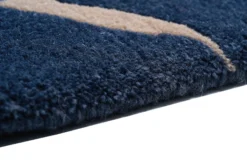 Handgeknüpfter tibetischer Teppich in blau grau mit Retro Bordüre – Neuwertig
