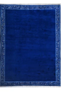 Handgeknüpfter tibetischer Teppich in blau mit Retro-Bordüre – Neuwertig