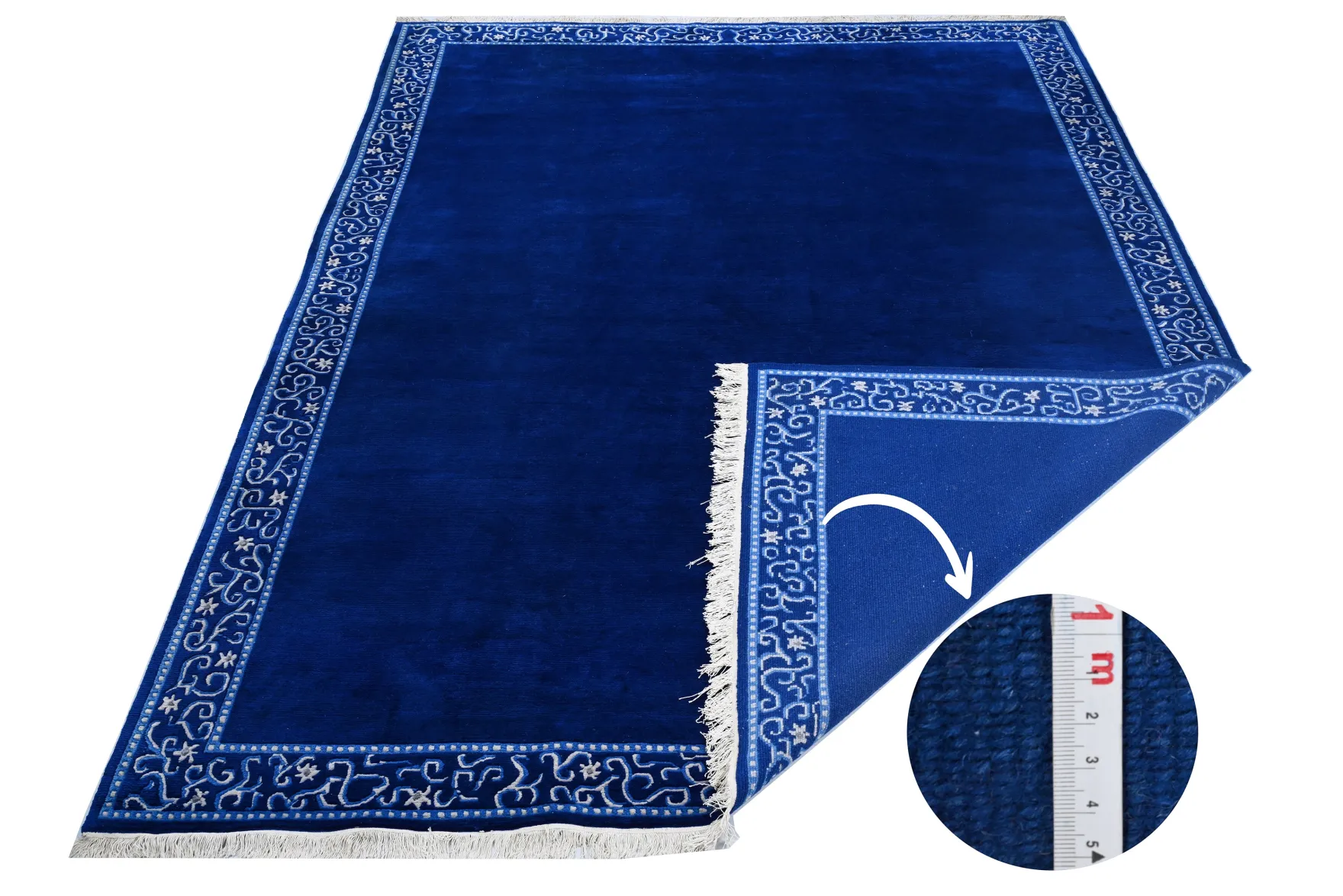 Handgeknüpfter tibetischer Teppich in blau mit Retro-Bordüre – Neuwertig