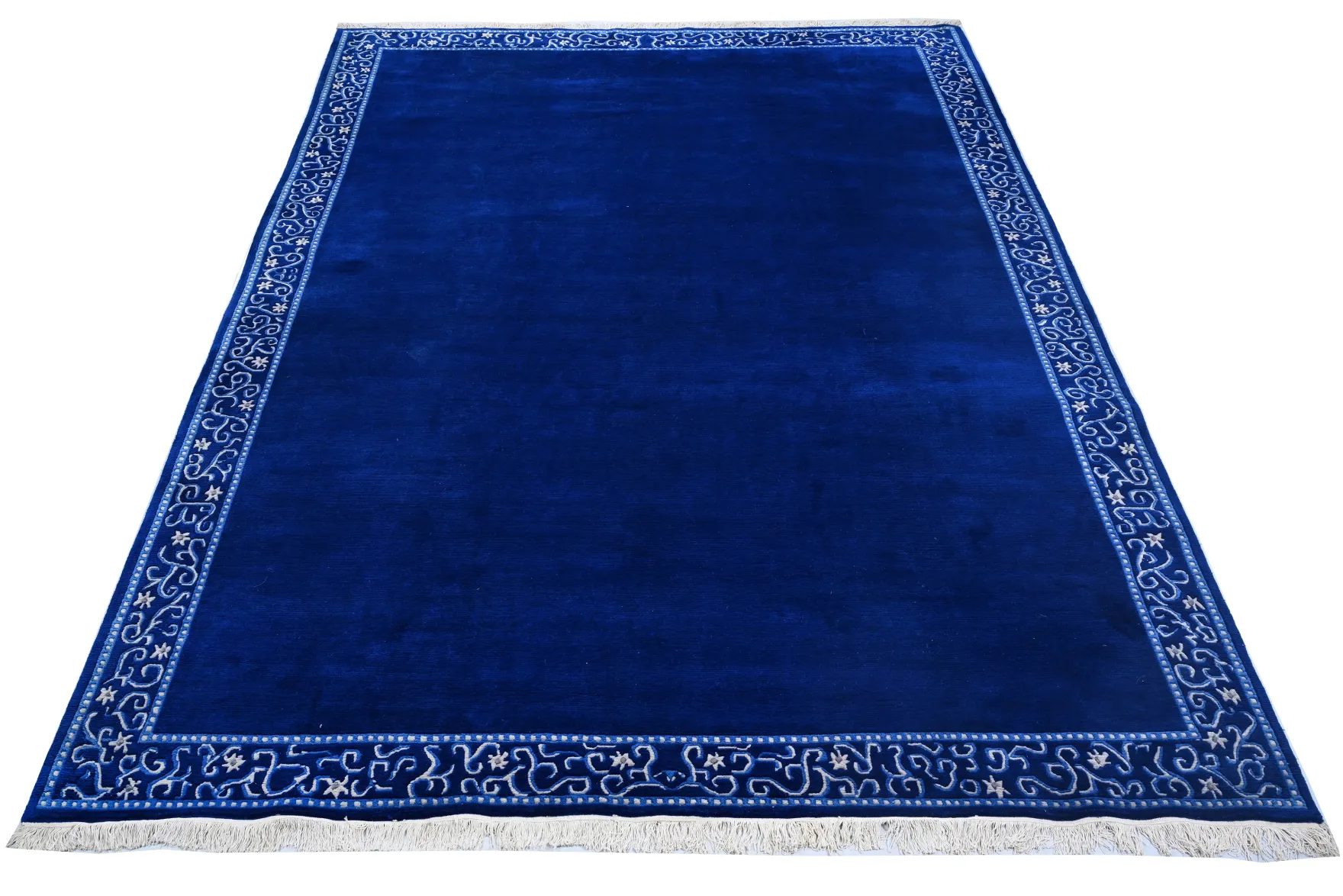Handgeknüpfter tibetischer Teppich in blau mit Retro-Bordüre – Neuwertig