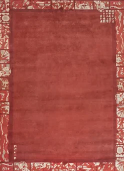 Handgeknüpfter tibetischer Teppich in rot mit Retro Bordüre – Neuwertig