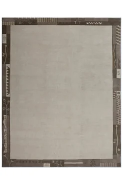 Handgeknüpfter Tibet Teppich in beige mit Retro Bordüre – Neuwertig