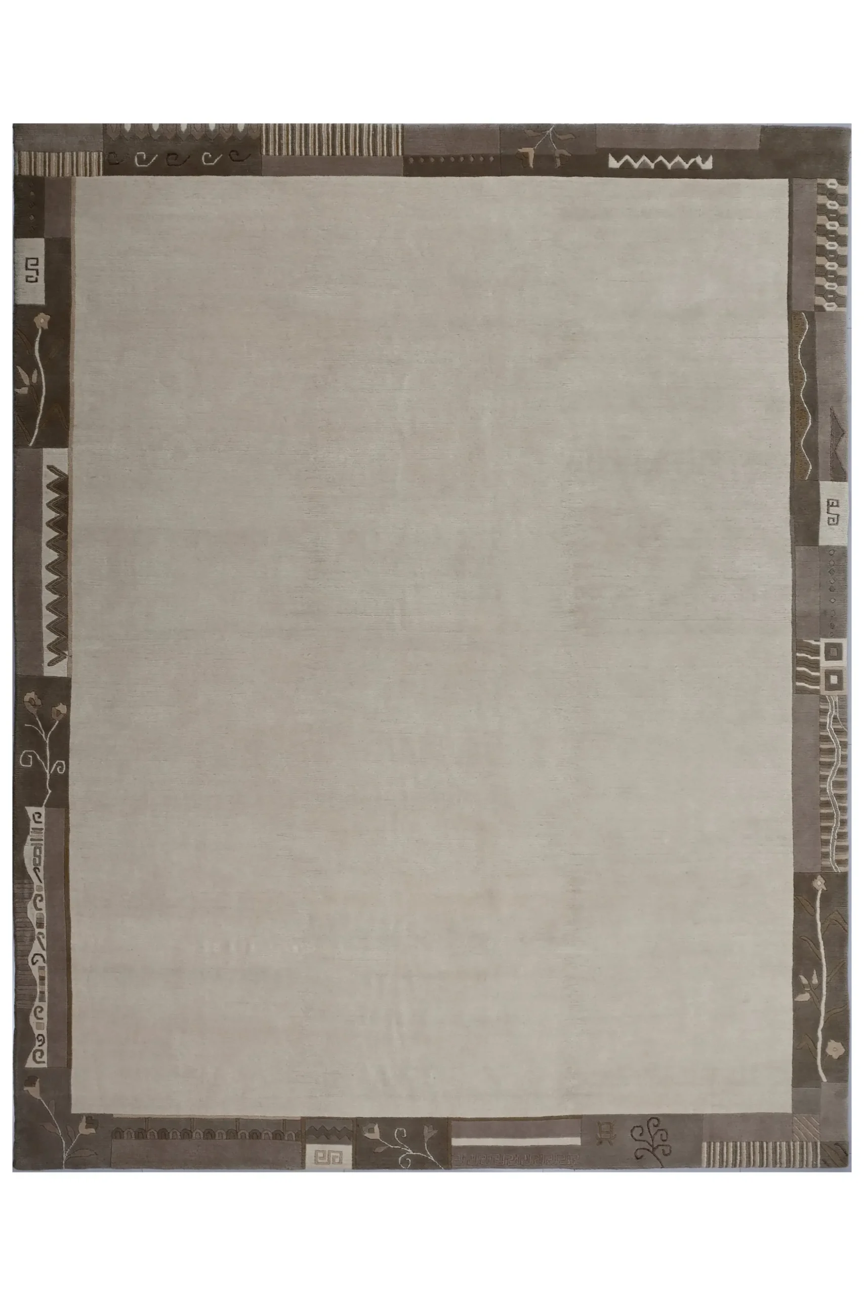 Handgeknüpfter Tibet Teppich in beige mit Retro Bordüre – Neuwertig