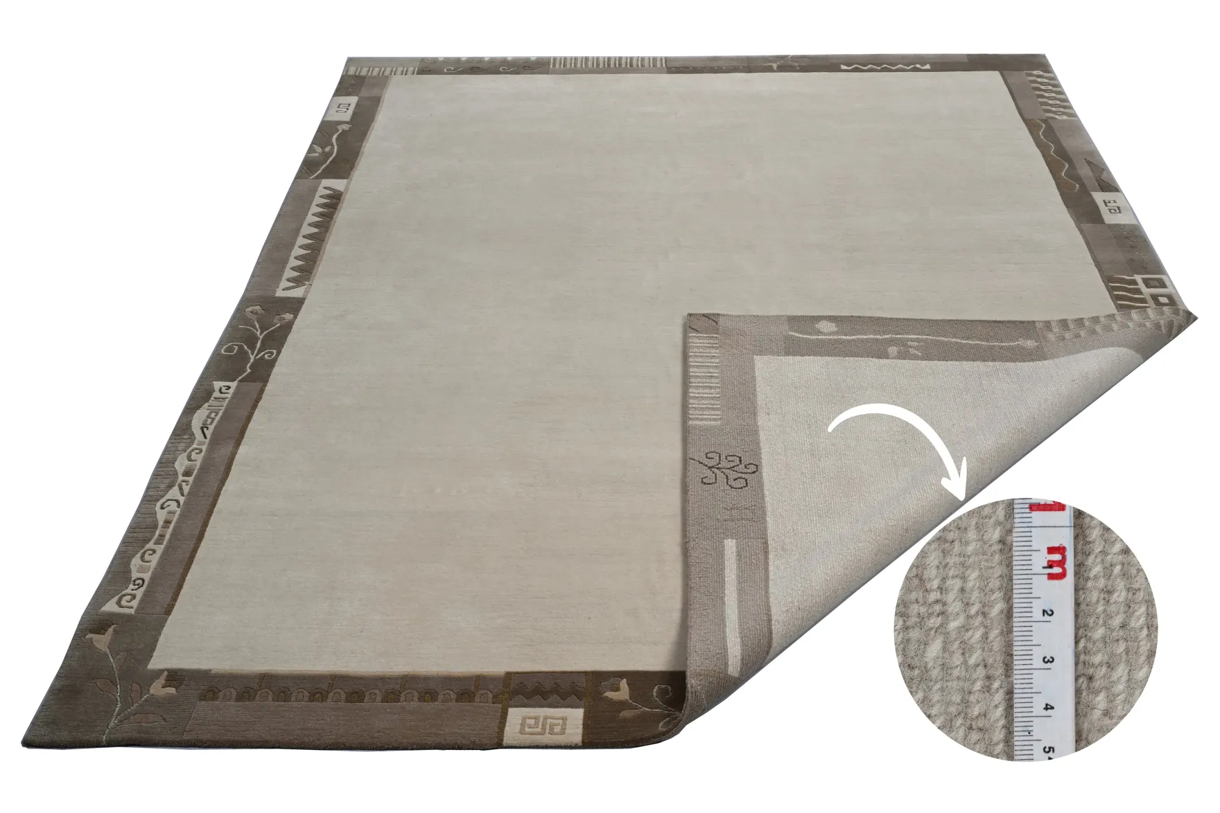 Handgeknüpfter Tibet Teppich in beige mit Retro Bordüre – Neuwertig