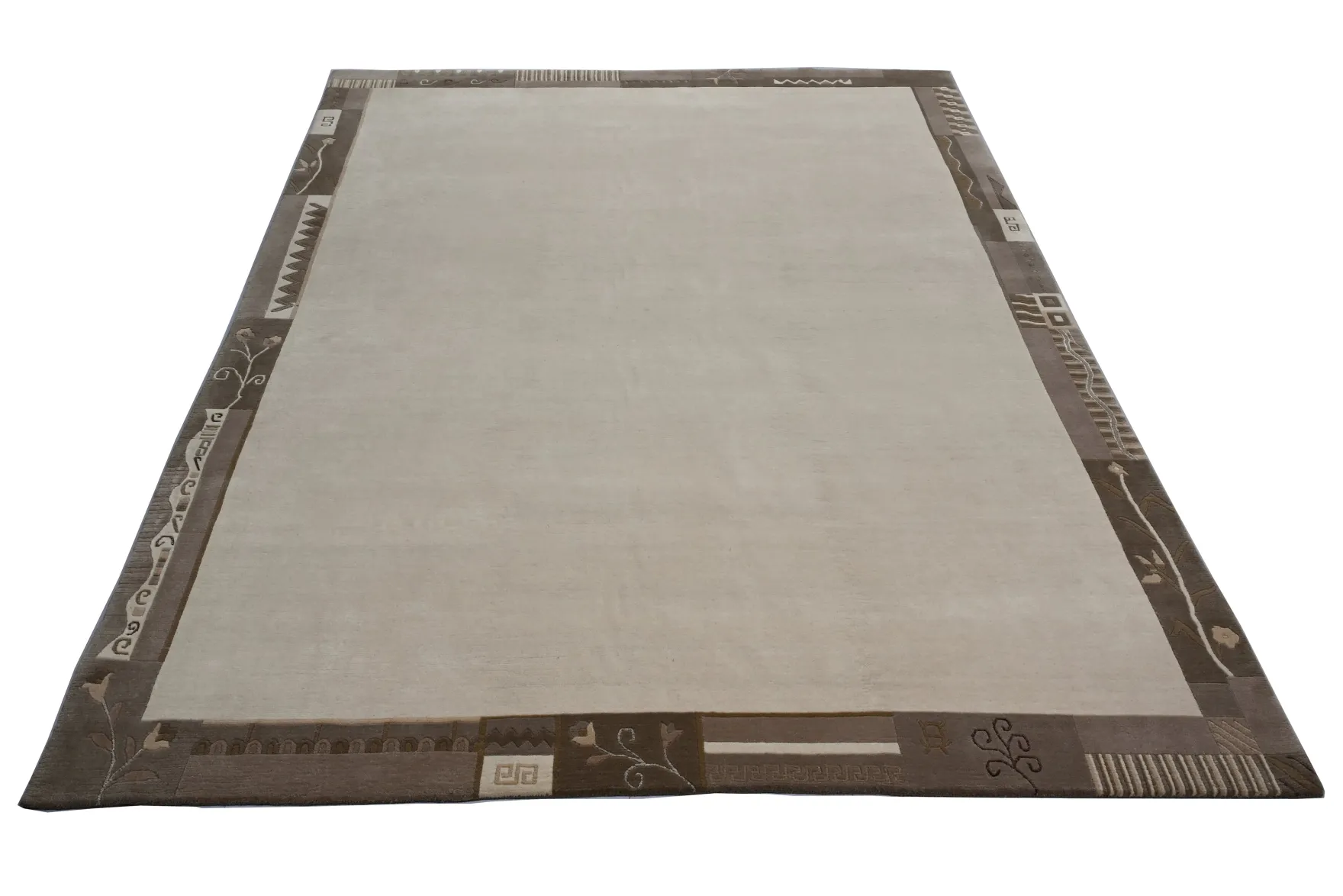 Handgeknüpfter Tibet Teppich in beige mit Retro Bordüre – Neuwertig