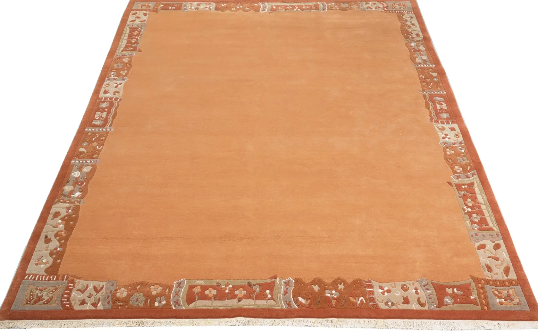 Handgeknüpfter Tibet Teppich in Apricot mit Retro Bordüre – Neuwertig