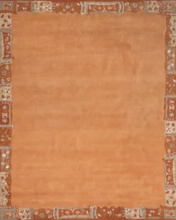Handgeknüpfter Tibet Teppich in Apricot mit Retro Bordüre – Neuwertig