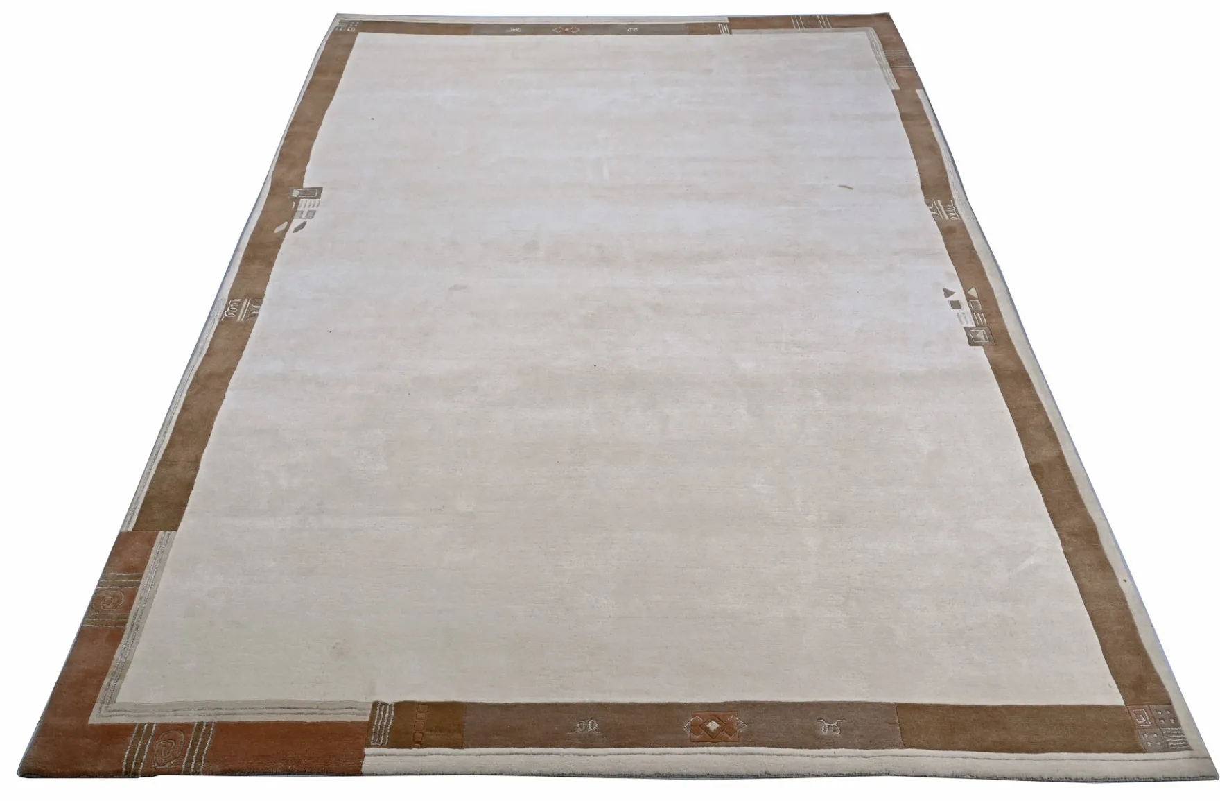 Handgeknüpfter Tibet Teppich in beige mit schmaler Retro Bordüre – Neuwertig