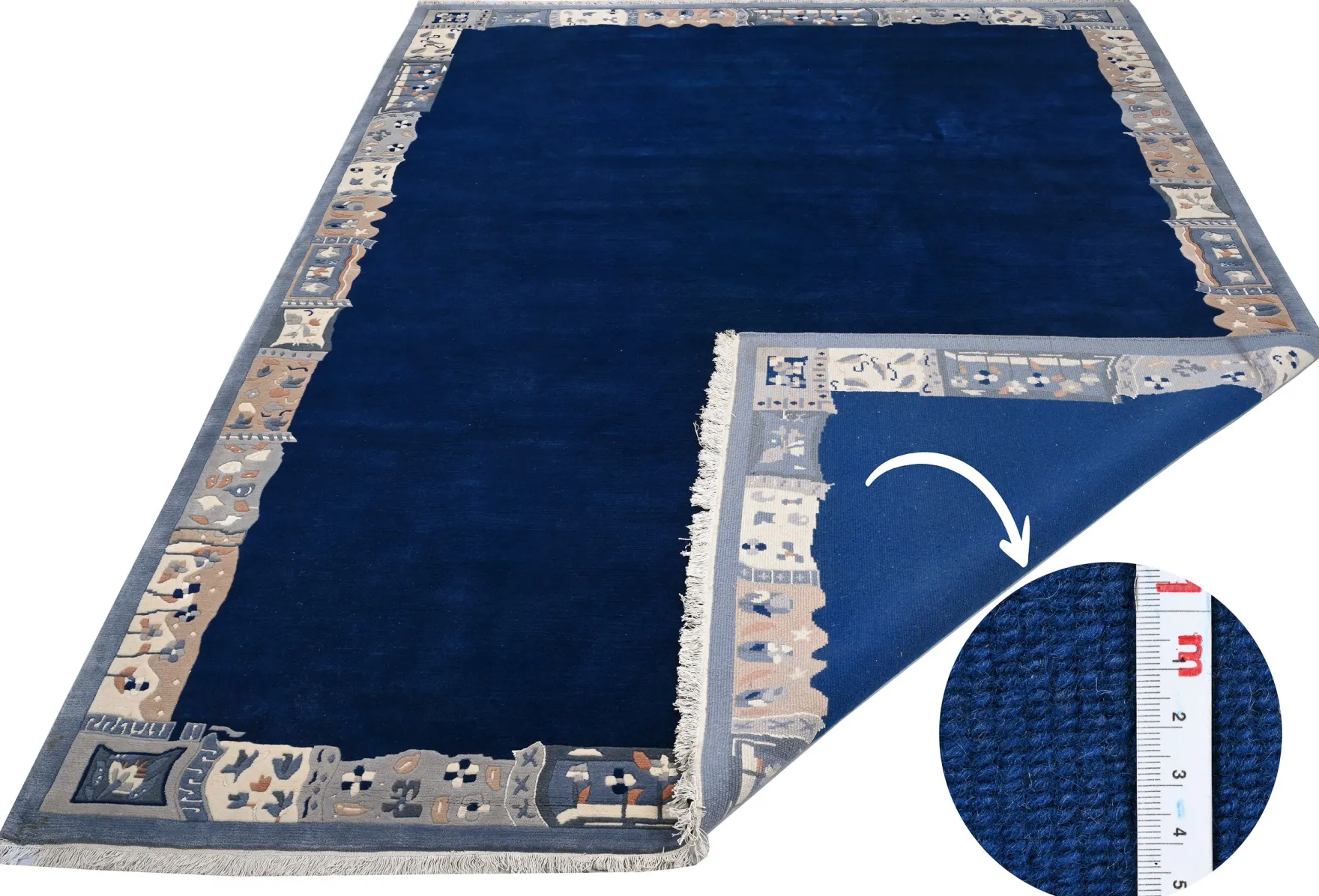 Handgeknüpfter Tibet Teppich in blau mit Retro-Bordüre – Neuwertig