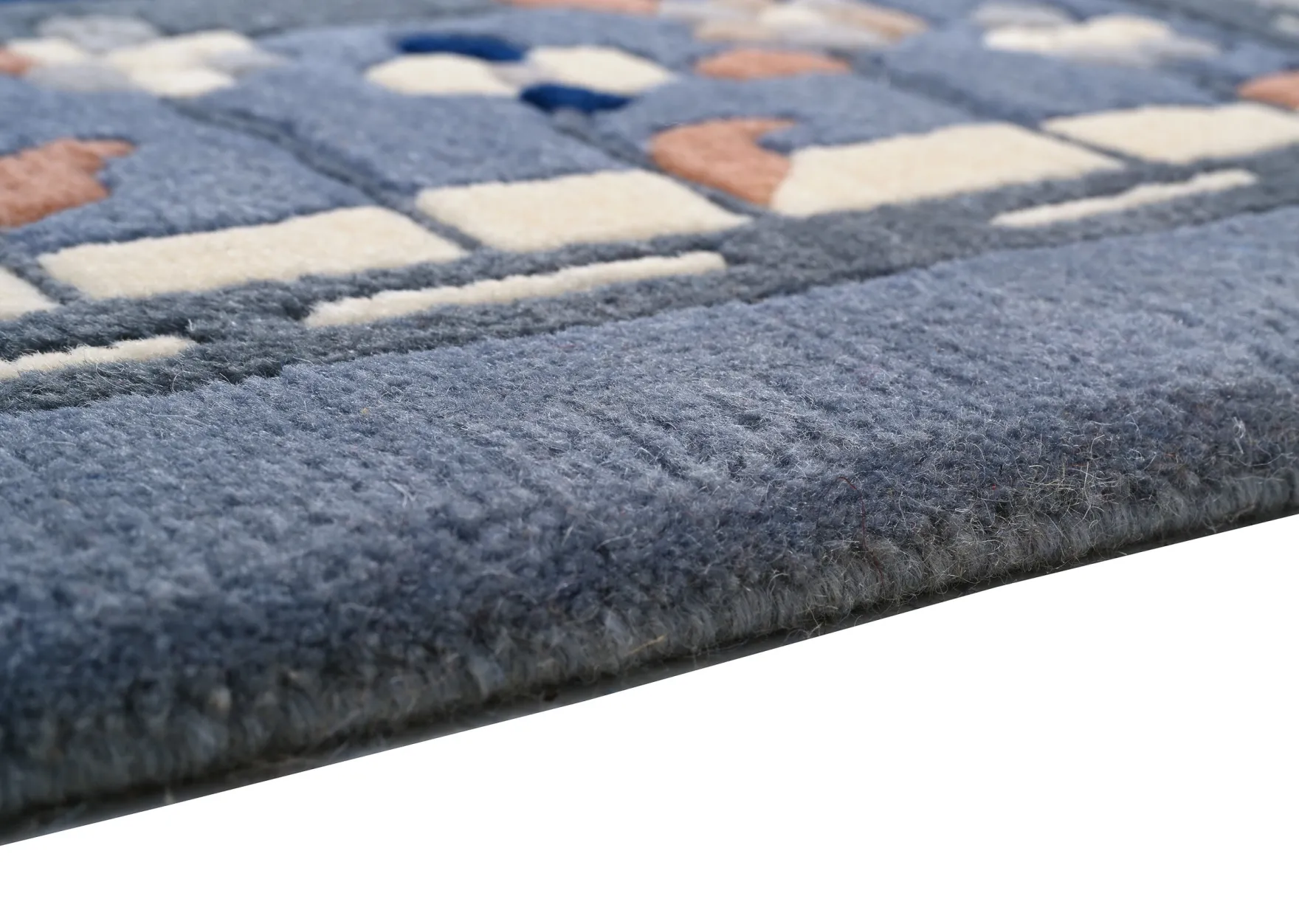 Handgeknüpfter Tibet Teppich in blau mit Retro-Bordüre – Neuwertig