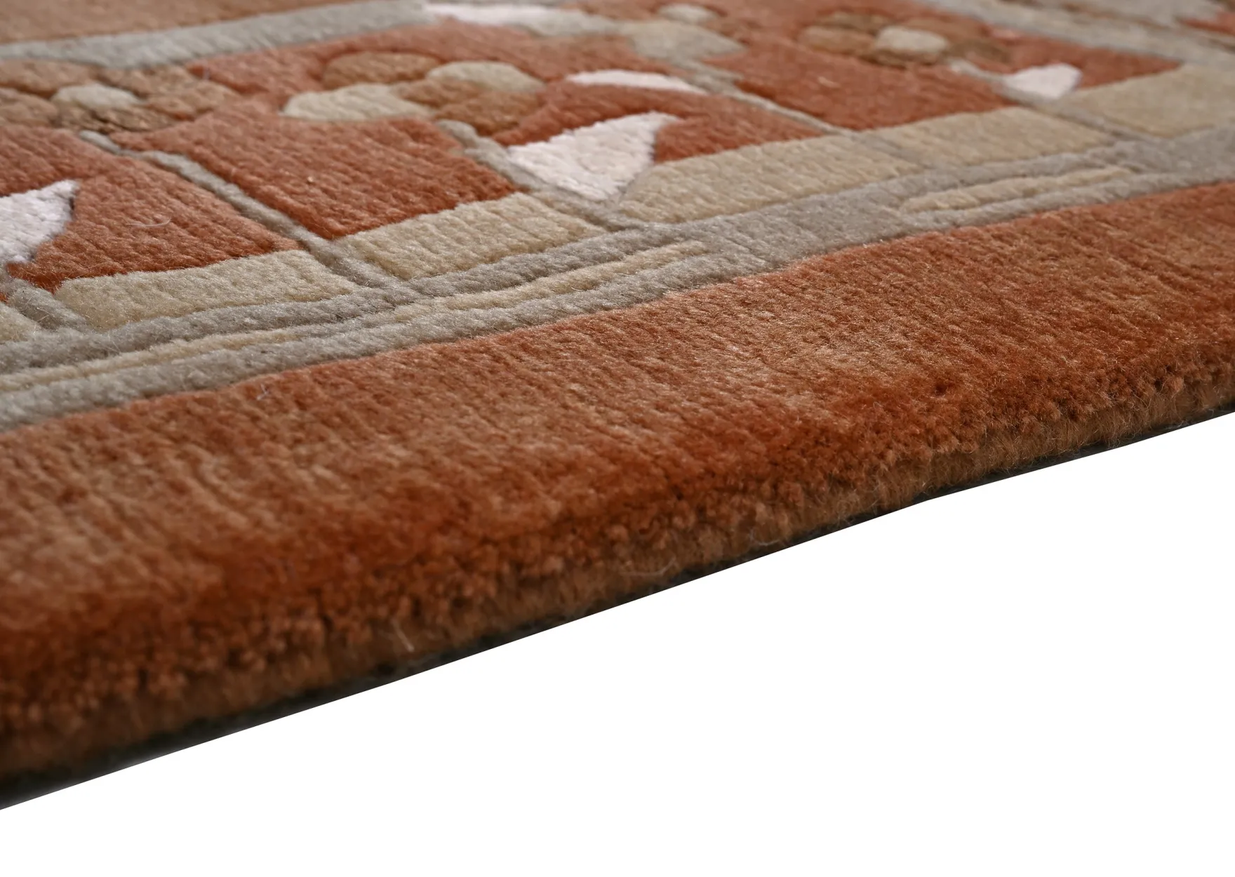 Handgeknüpfter Tibet Teppich in terra braun mit Retro Bordüre – Neuwertig