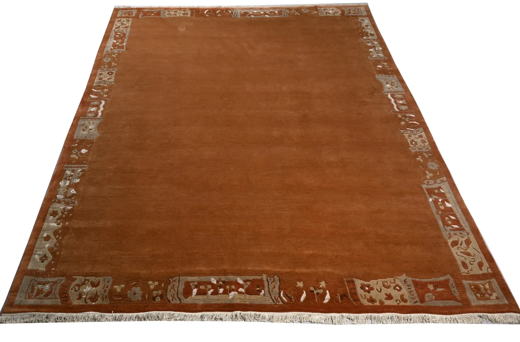 Handgeknüpfter Tibet Teppich in terra braun mit Retro Bordüre – Neuwertig