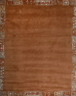Handgeknüpfter Tibet Teppich in terra braun mit Retro Bordüre – Neuwertig