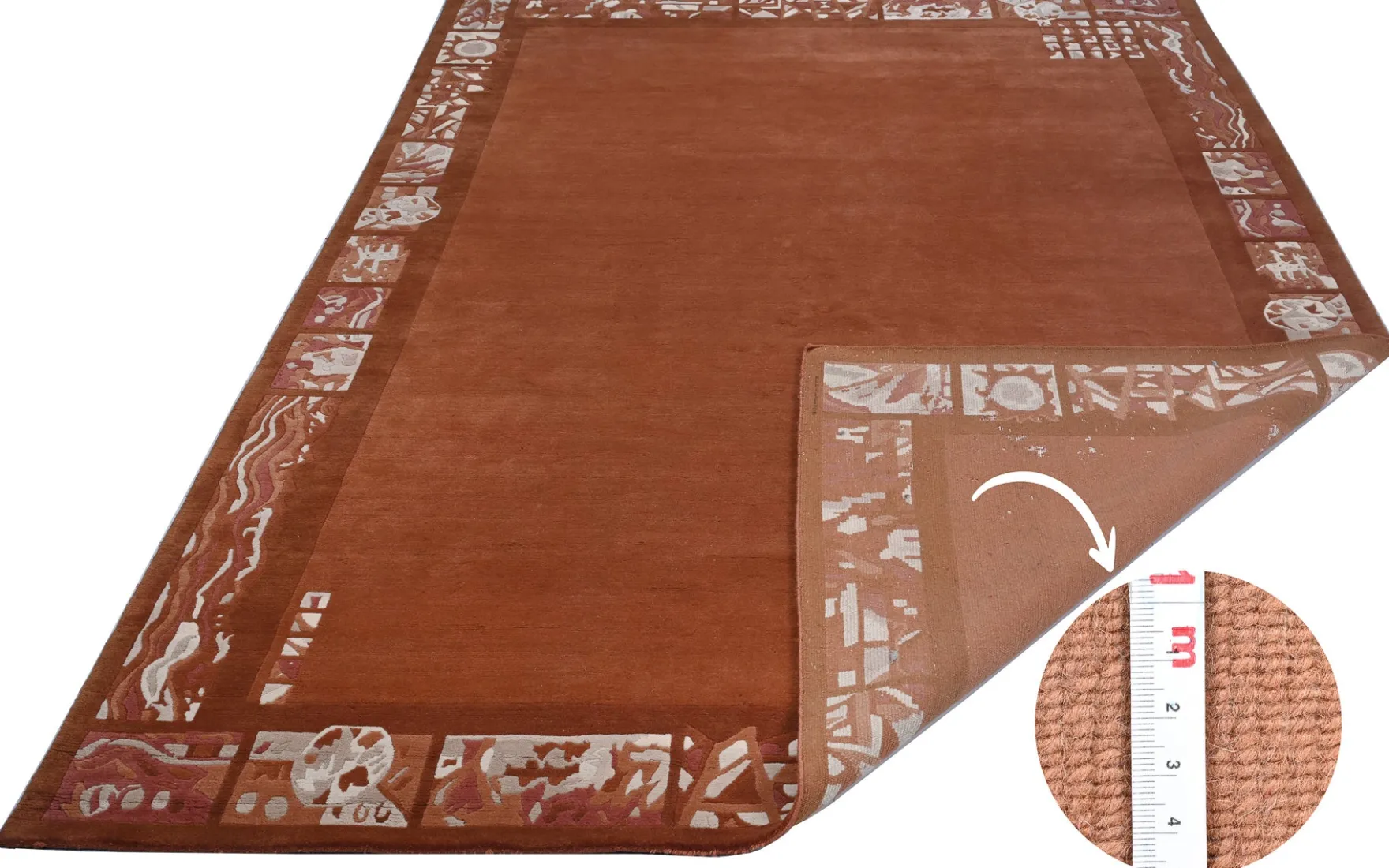Handgeknüpfter Tibet Teppich in terra braun Retro Bordüre – Neuwertig