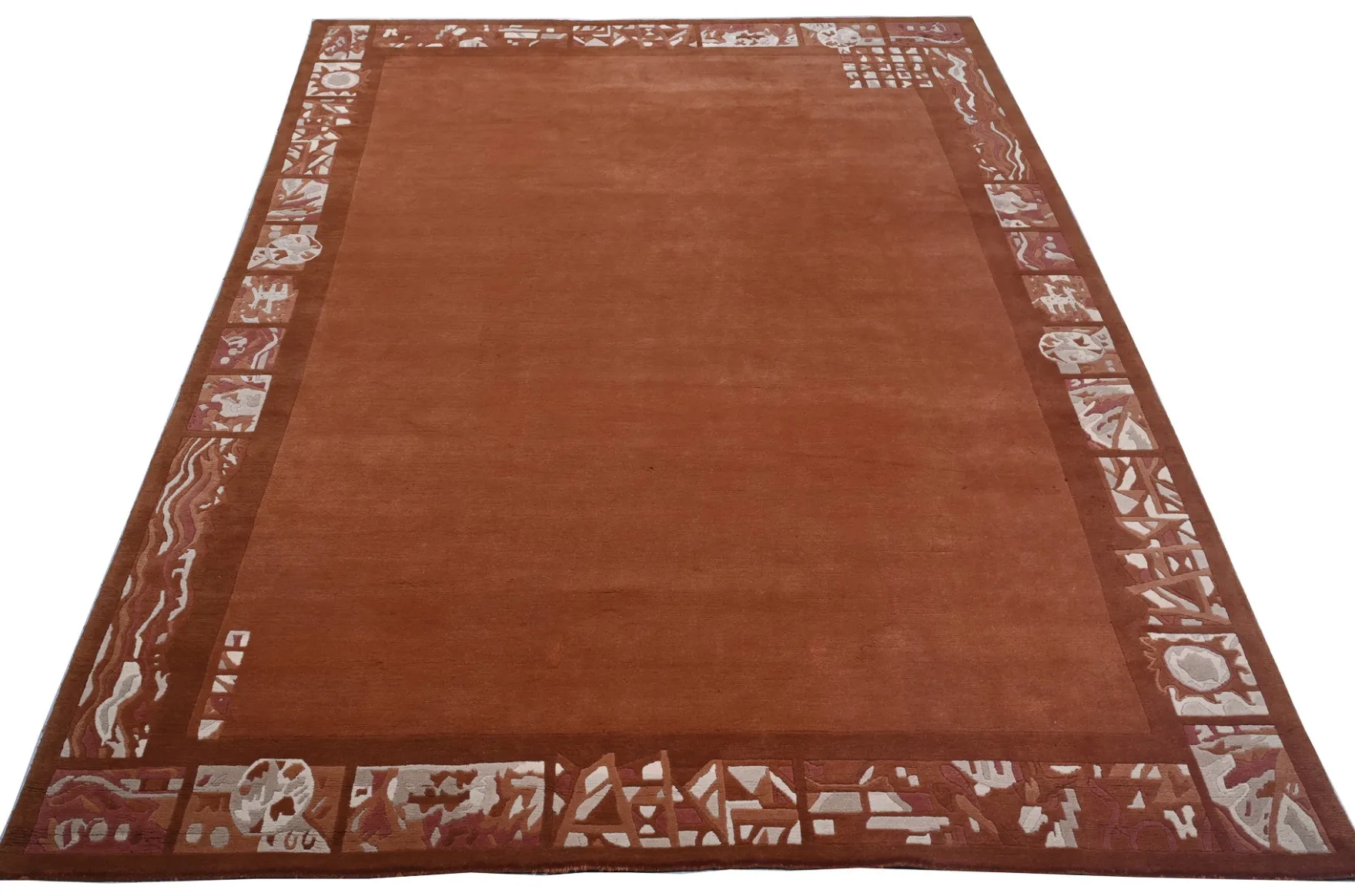 Handgeknüpfter Tibet Teppich in terra braun Retro Bordüre – Neuwertig
