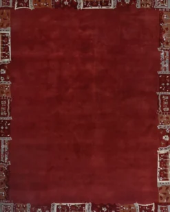 Handgeknüpfter Tibet Teppich rot mit Retro Bordüre – Neuwertig