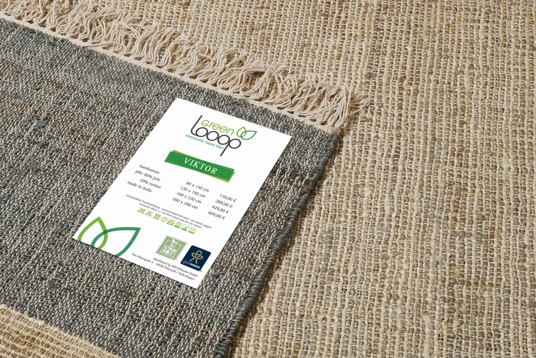 Handwebteppich Beige Grau aus Naturfaser "Viktor" Green Looop