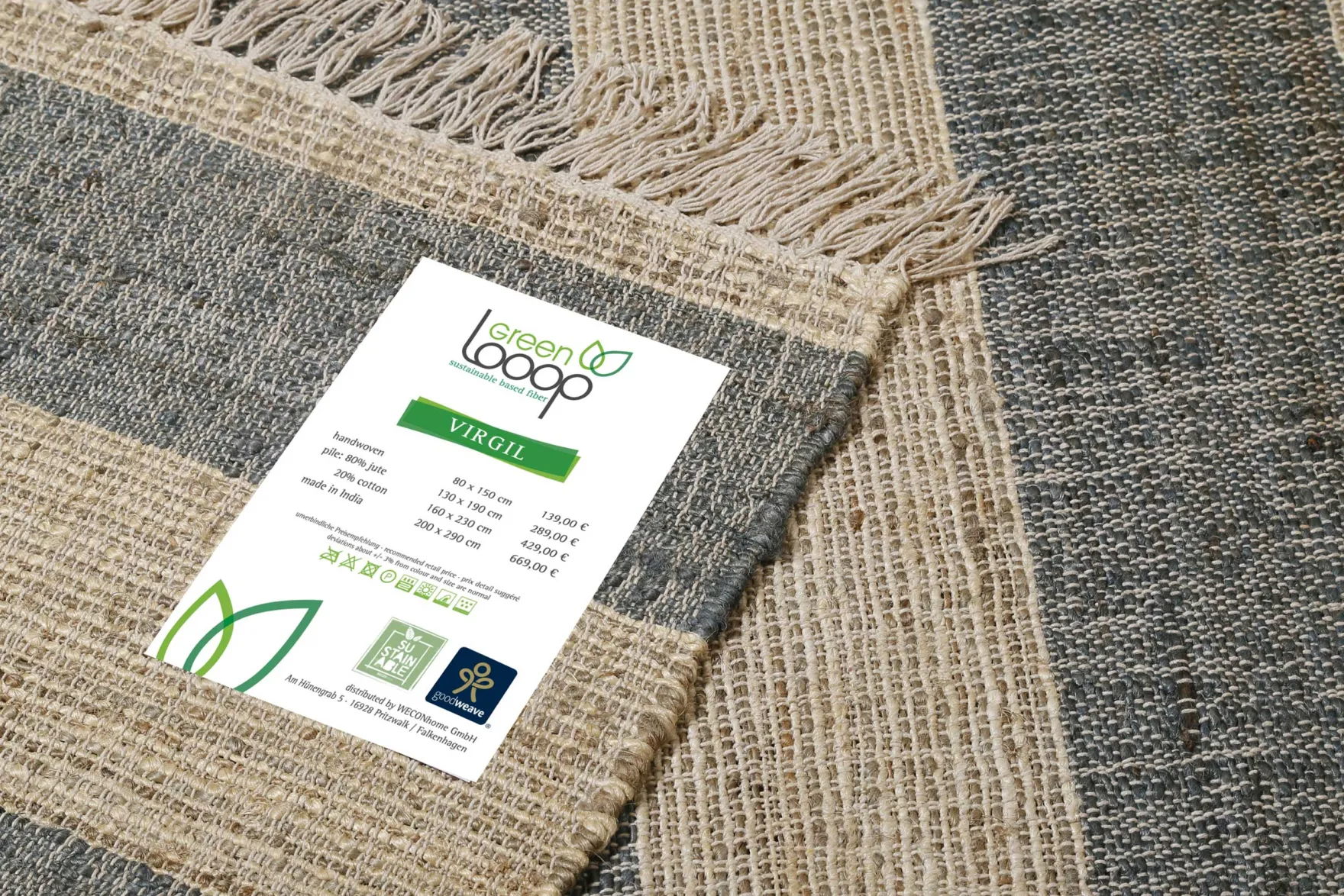 Handwebteppich Beige Grün aus Naturfaser "Virgil" Green Looop