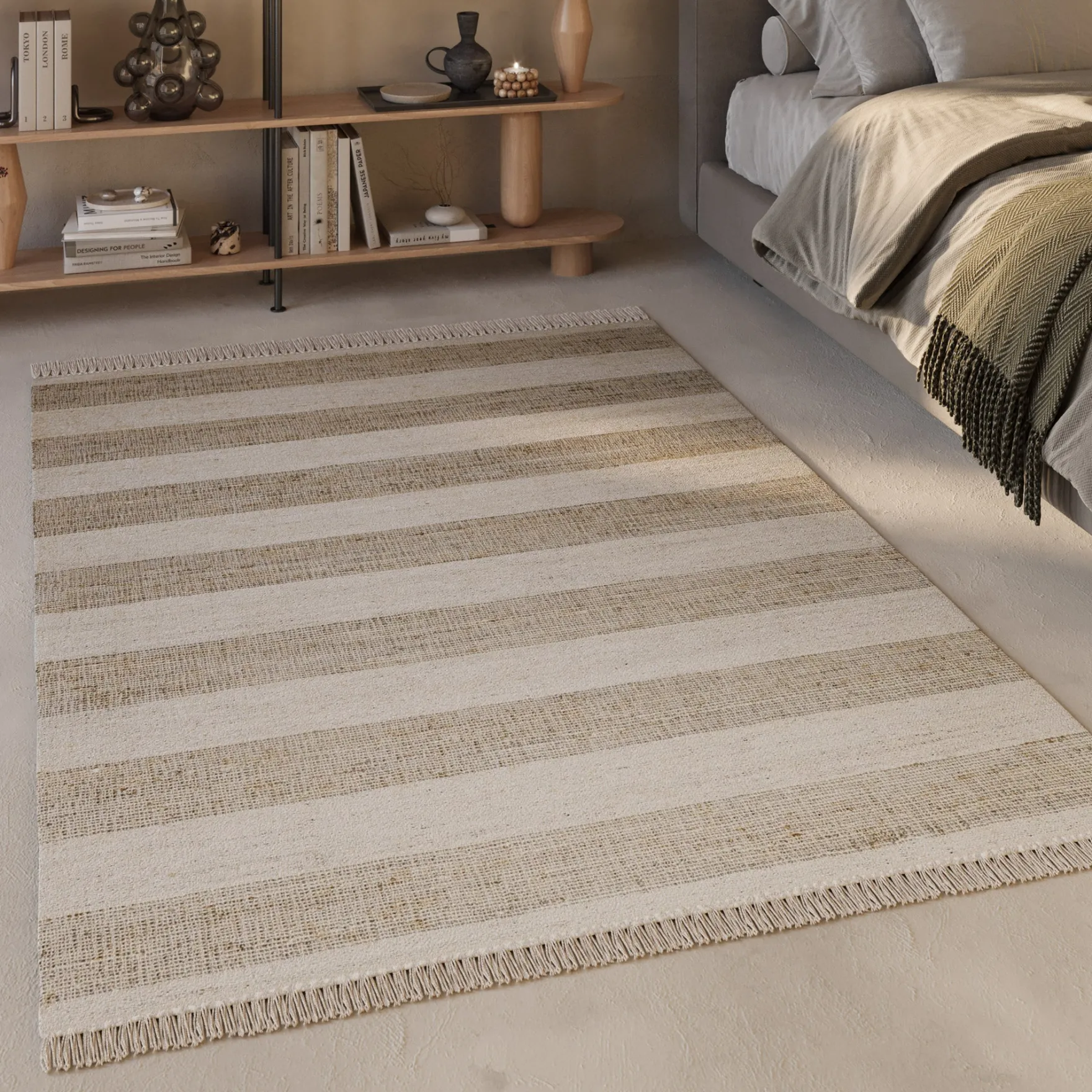 Handwebteppich Beige Sand aus Naturfaser "Virgil" Green Looop