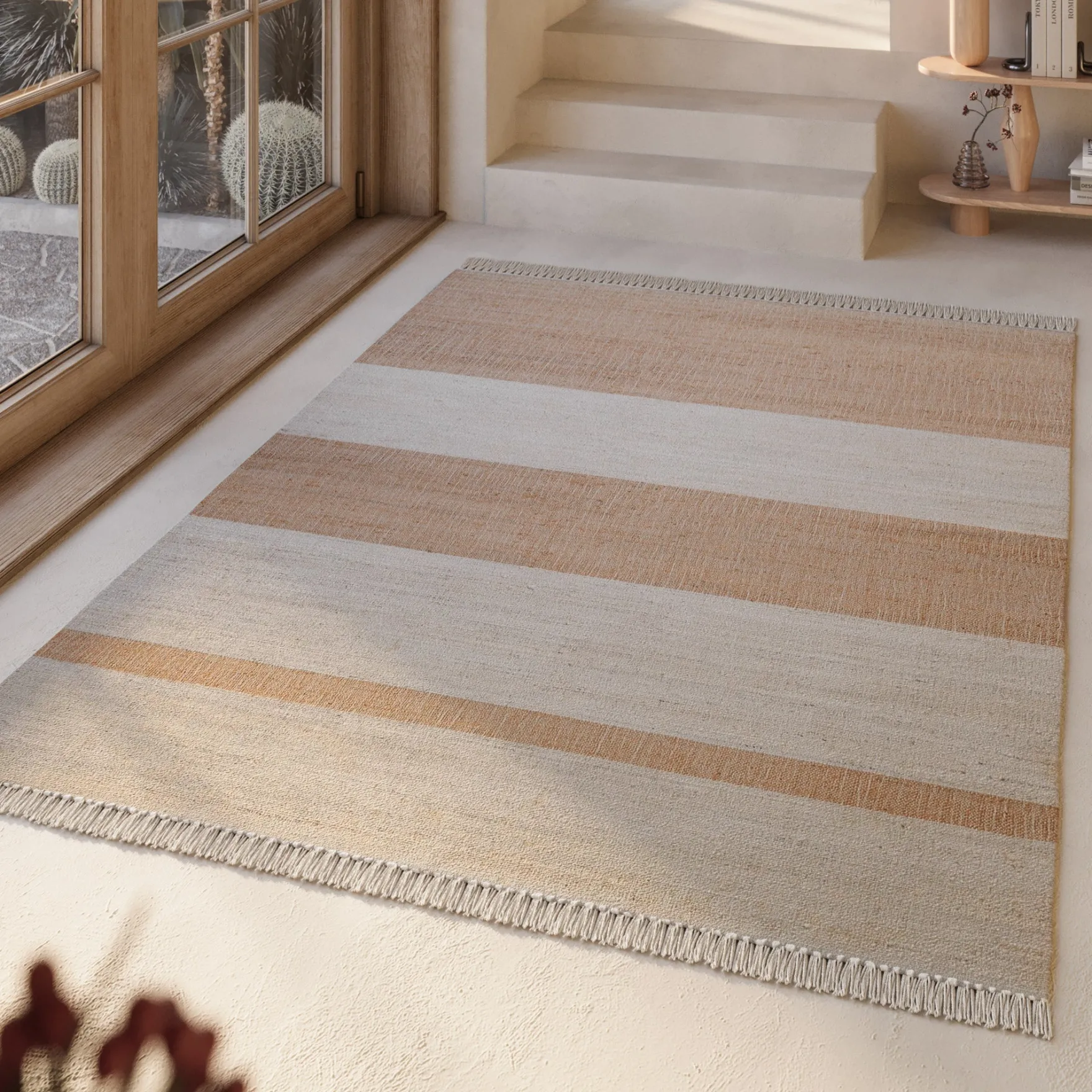 Handwebteppich Creme Beige Cognac aus Naturfaser "Vante" Green Looop