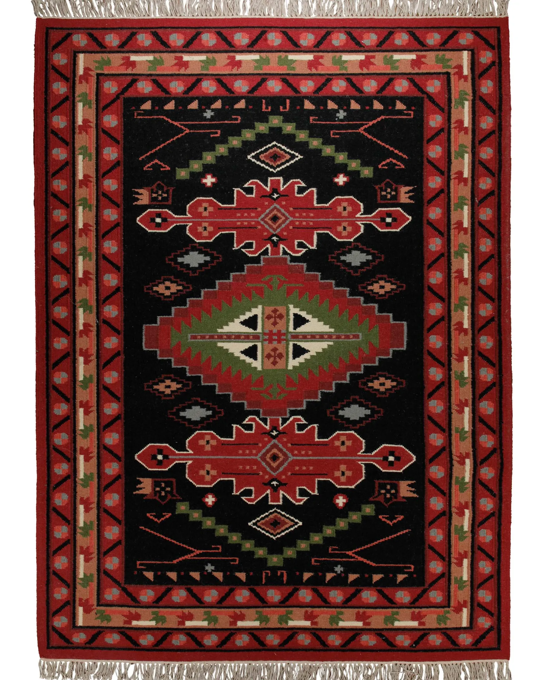 Handwebteppich Wolle Kelim Medaillon schwarz rot 160x230 cm