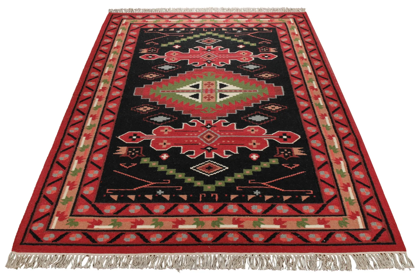 Handwebteppich Wolle Kelim Medaillon schwarz rot 160x230 cm