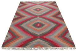 Handwebteppich Wolle Kelim Rauten rot grau 160x230 cm