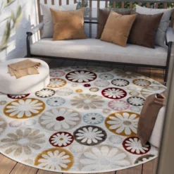 In & Outdoorteppich Rund Beige Bunt