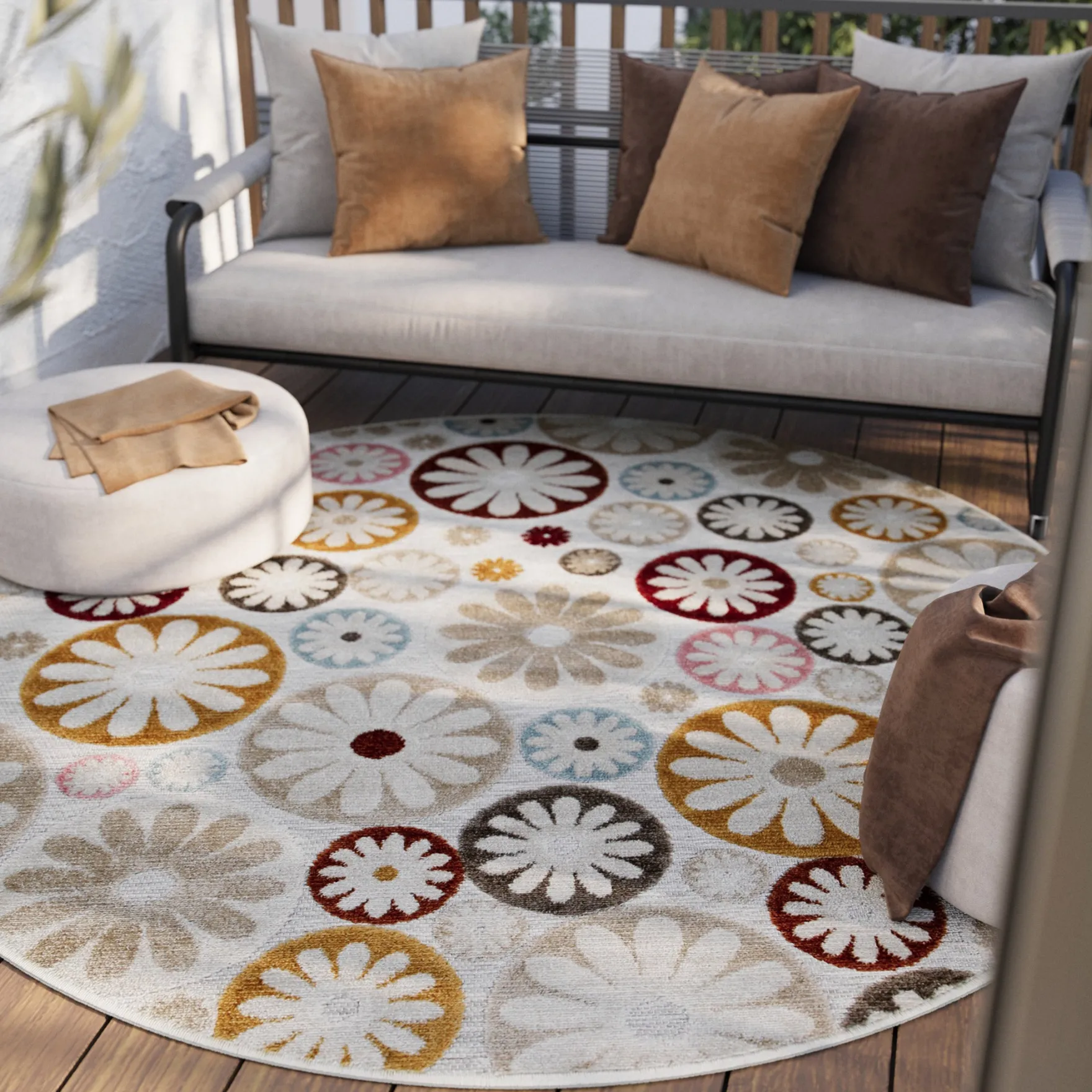 In & Outdoorteppich Rund Beige Bunt "Flowerdrops" WECONhome