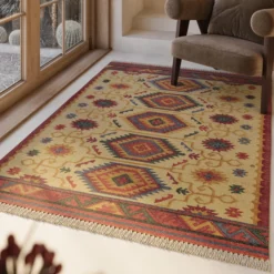 Kelim Teppich Beige aus Wolle 