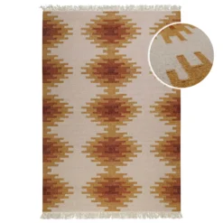Kelim Teppich Beige Ocker aus Wolle 