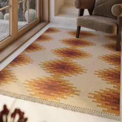 Kelim Teppich Beige Ocker aus Wolle 