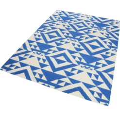 Kelim Teppich Blau Creme Weiß aus Wolle