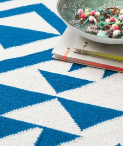 Kelim Teppich Blau Creme Weiß aus Wolle