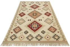 Kelim Teppich Creme Beige Rot aus Wolle 